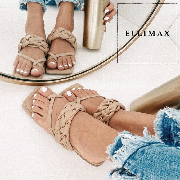 Anna Shoes - NEW🔥 Nude Woven Open Toe Loop Flat Slide Sandals